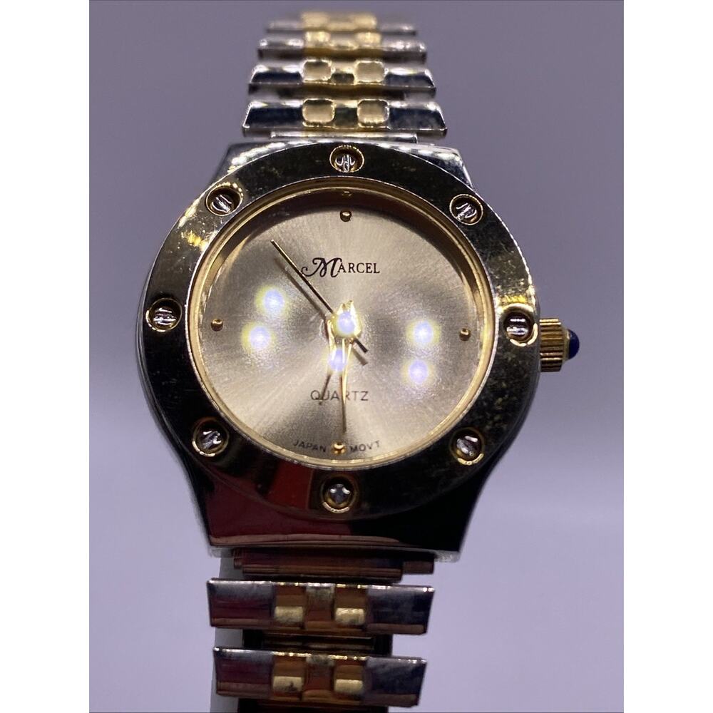 Marcel Womens Gold Tone Stretch Band Quartz Watch New Battere